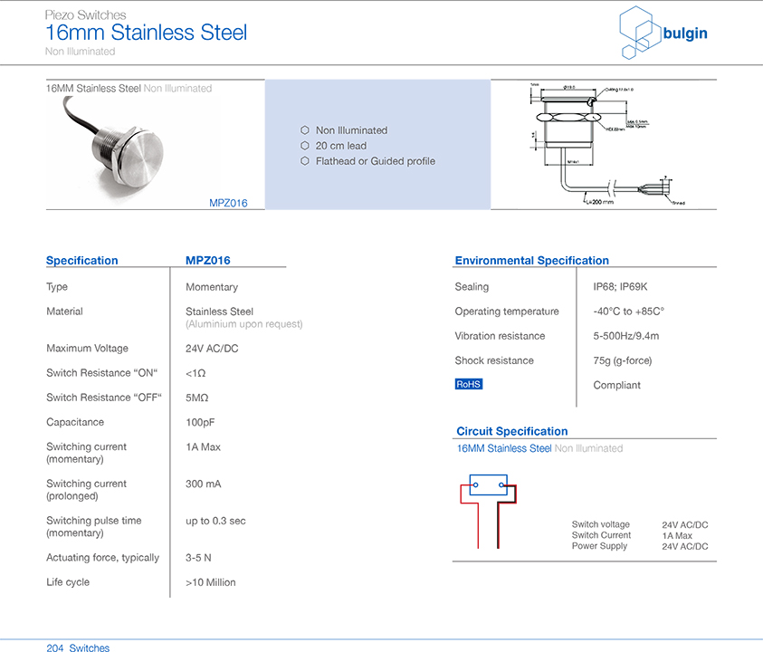 MPZ016不銹鋼Piezo開關規格尺寸 MPZ016不銹鋼Piezo開關規格尺寸
