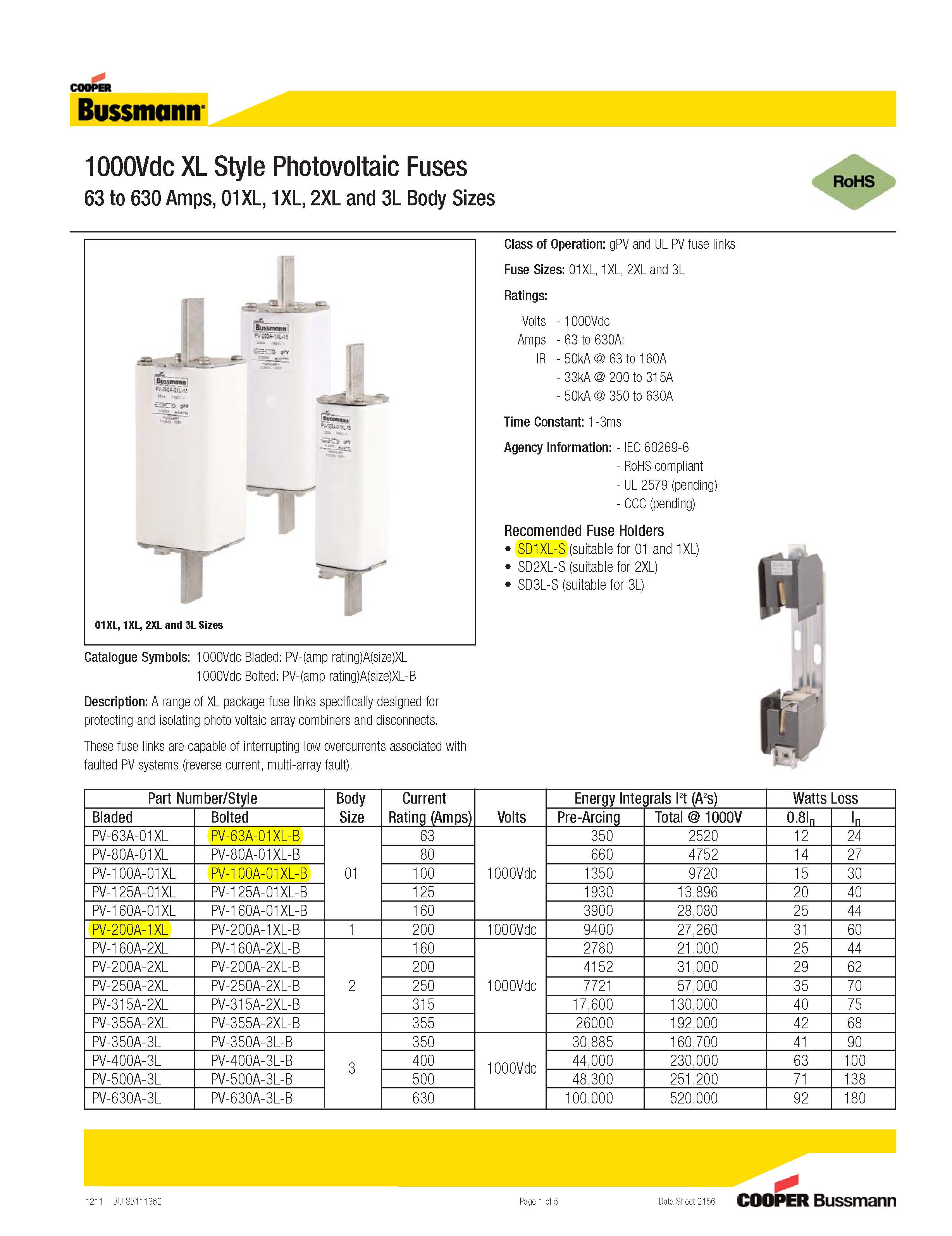 PV光伏熔斷器 XL系列 選型參數(shù) PV光伏熔斷器 XL系列 選型參數(shù)